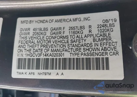 2019 Honda Accord Hybrid z USA, uszkodzony, nr VIN 1HGCV3F14KA020301